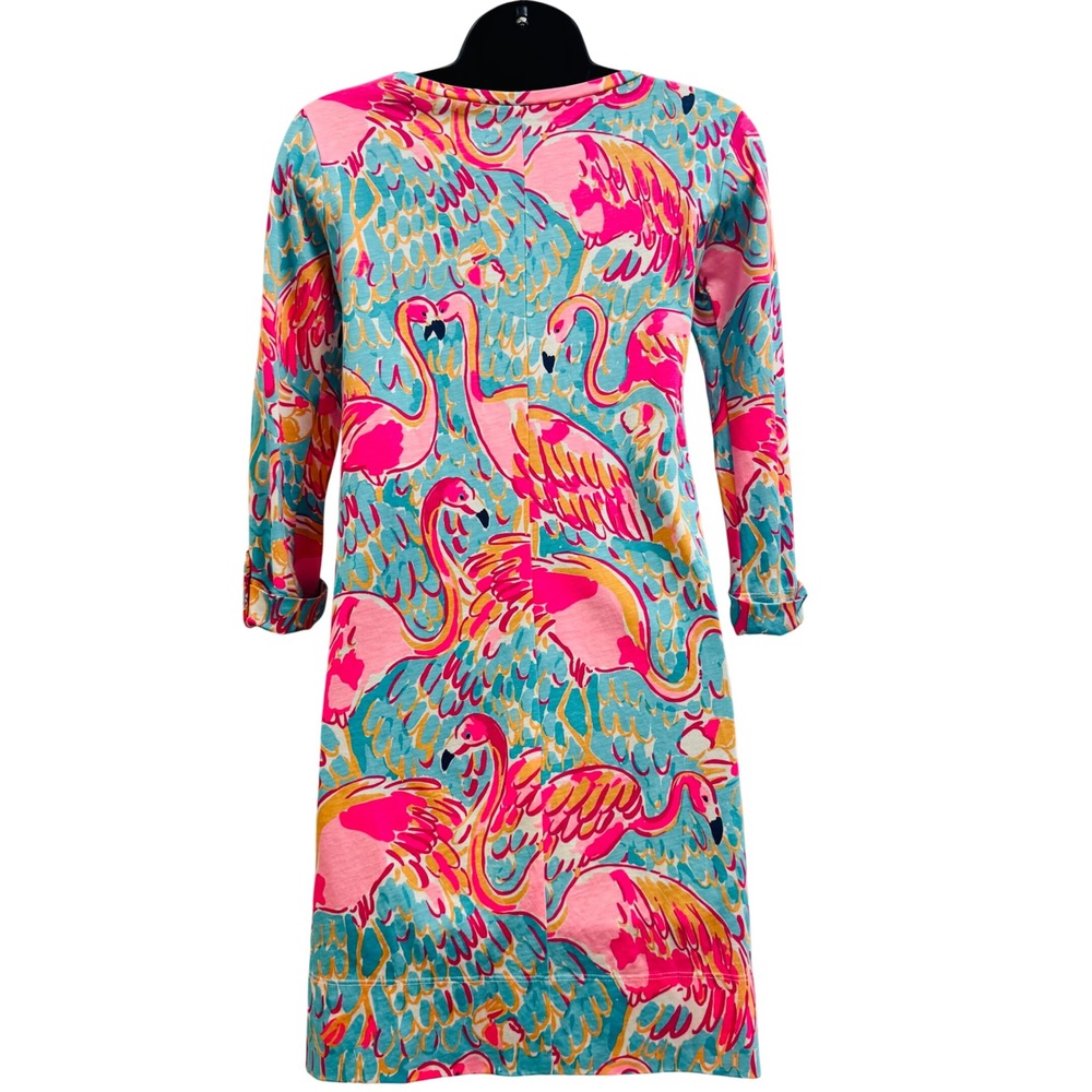 Lilly Pulitzer Pink Flamingo Pima Cotton 3/4 Sleeve Shift Dress Blue XXS - Picture 3 of 6